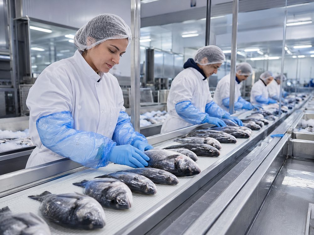 Personal procesando pescado fresco en línea de producción sanitizada
